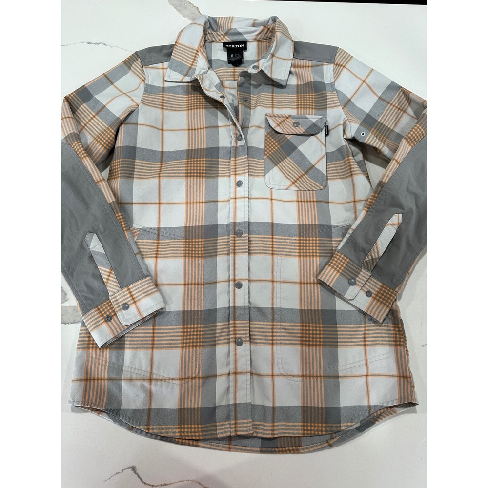 Burton Mens Plaid Flannel Snap Front Shirt Grey Orange Reinforced Elbows Small